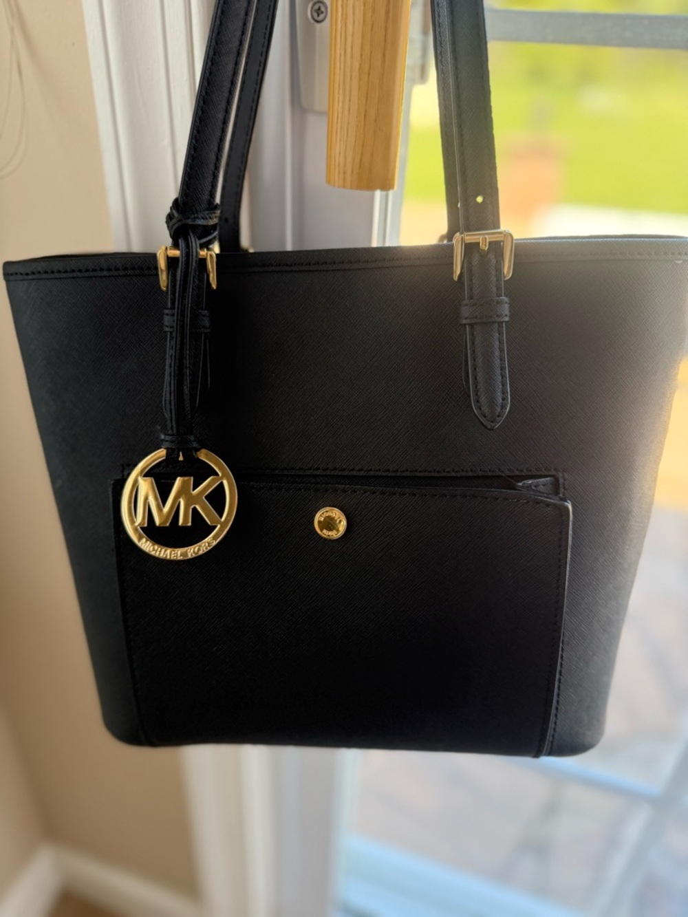 Michael Kors Black Leather Tote with Gold Logo Charm